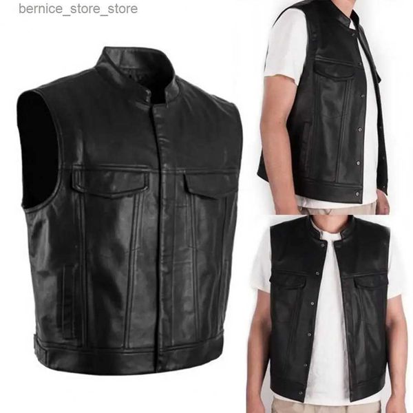 Coletes masculinos gola sem mangas homens colete de couro falso botões fechamento bolsos motocicleta jaqueta colete roupas masculinas jaqueta masculina q231208