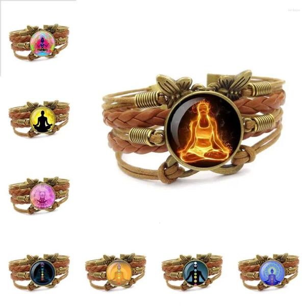 Bangle Most Chakra Yoga Jóias Vintage com Cabochão de Vidro Multicamadas Pulseira de Couro Marrom para Mulheres