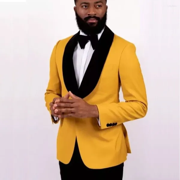 Ternos masculinos de alta qualidade homens blazer amarelo preto xale lapela calças único breasted 2 peça jaqueta fino ajuste luxo casamento terno pano