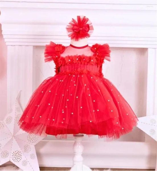 Vestidos da menina vermelho inchado flor bonito vestido de bebê tule pérolas criança tutu vestido de festa de aniversário primeira celebração natal