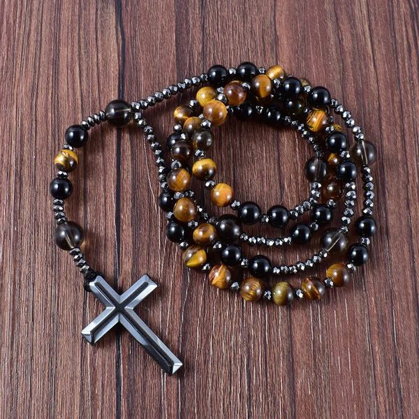 Colares Pingente Natural Onyx Preto com Pedra de Olho de Tigre Católico Cristo Rosário Colares Hematita Cruz Pingente Homens Colar Meditação Jóias 231207