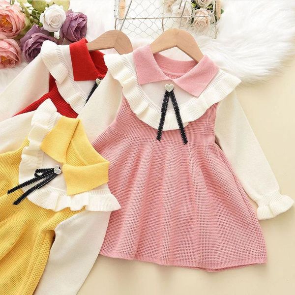 Vestidos para meninas outono inverno vestido infantil suéter versão coreana falso duas peças cores combinando boneca fofa top estilo laço