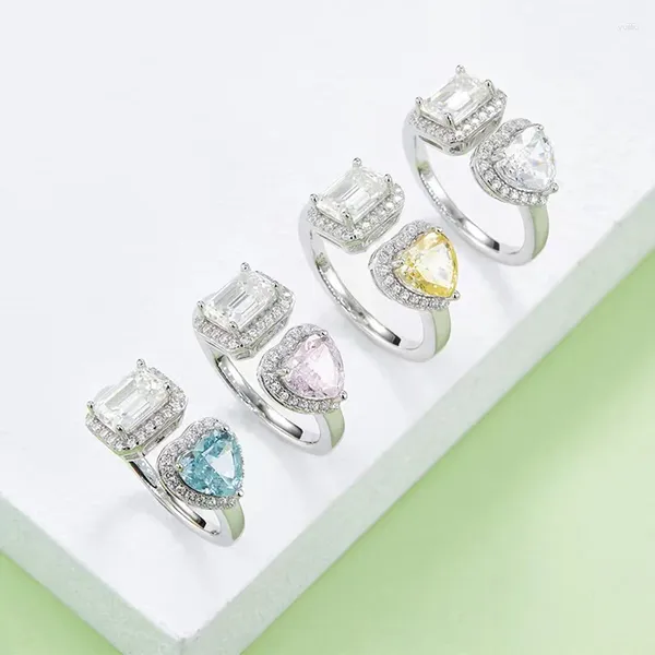 Cluster Anéis Meninas Anel 1CT Super Branco Sintético Moissanite Pedra e Flor Corte Coração Forma CZ Gemstone 925 Jóias de Prata