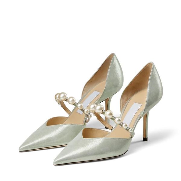 Romantisch elegante Damen Pumps Heels Sandalen Senior AURELIE 85 mm trendige spitze Zehen Perlen Knöchelriemen Designer Paris Damen Hochzeit Party Sandale weiß High Heel Box