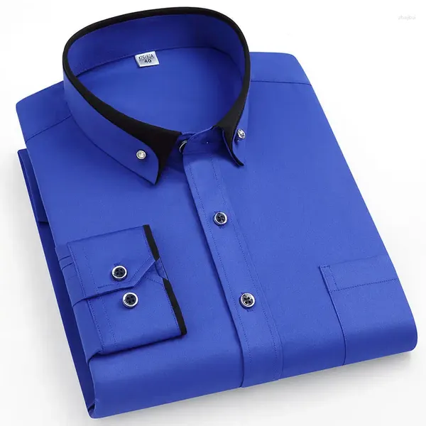 Camisas de vestido masculinas camisa de manga comprida elástica à prova de rugas escritório de negócios primavera e outono top clássico sólido azul real -preto