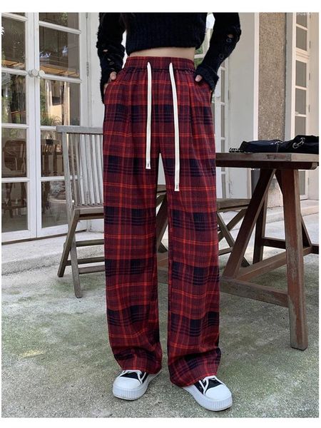 Calças femininas vermelho xadrez padrão cordão elástico cintura sweatpants primavera outono estilo esportivo fino feminino calças retas