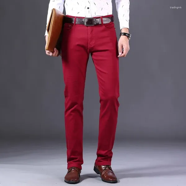 Calças de brim masculinas estilo clássico vinho vermelho moda negócios casual reta denim estiramento calças masculinas marca
