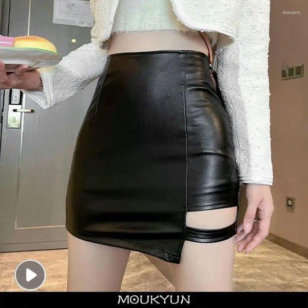 Röcke MOUKYUN Schwarz Mini Sexy Rock Hohe Taille Warp Hüften Bleistift Frauen Koreanische Mode PU Leder Split Kurz