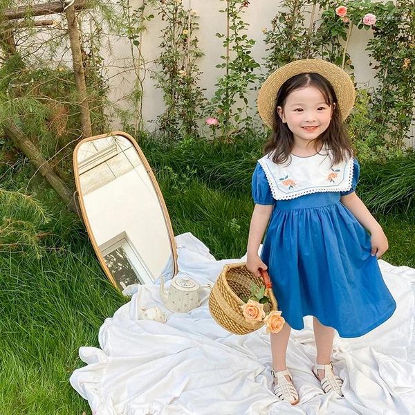 Mädchen Kleider Sommer Mode Sailor Kragen Stickerei Blau Prinzessin Mädchen Baumwolle Kurzarm Kleid
