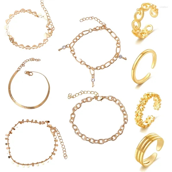 Cavigliere 9 pezzi/set catena semplice color oro per donna ragazza spiaggia set di gioielli per piedi anelli per dita bracciali alla caviglia dito