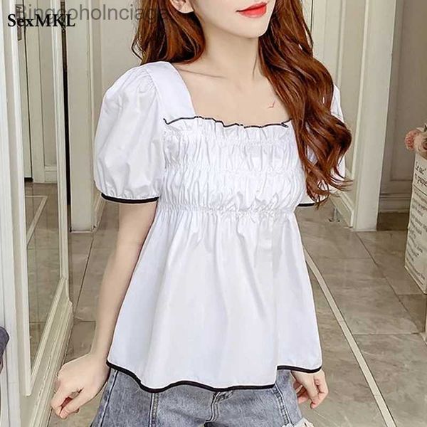 T-shirt das mulheres Vintage Verão Puff Sle Top Mulheres 2022 Fahsion Casual Branco Roxo Corset Blusas Sexy Francês Curto Bustier Chiffon Camisas XLL231208