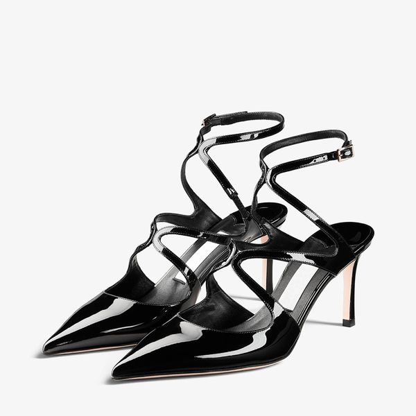 Ünlü kadın sandalet lüks azia pompası 75 mm İtalya klasik sivri ayak parmakları çapraz çift ayak bileği sling tokası çıplak siyah patent deri tasarımcı sandal yüksek topuklular kutu eu 34-43