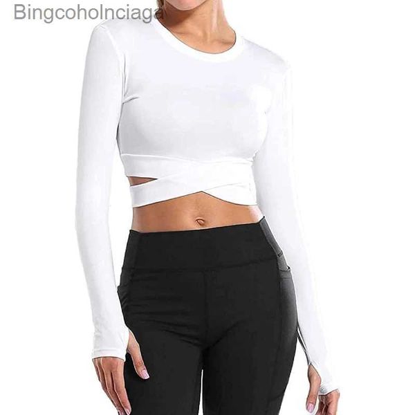 Damen T-Shirt CMS Frauen Rundhalsausschnitt Crop Tops Tummy Cross Langes oder kurzes Sle Sportshirt für Yoga Fitness Laufen Tank TopsL231208