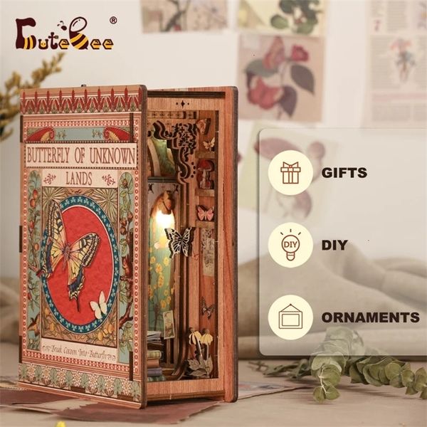 Outros brinquedos Arquitetura DIY House CUTEBEE Book Nook Kit Boneca com luz borboleta 3D Booknook DIY Eternal Bookstore Bookshelf Inserir modelo Toy Gift Ideas 231207