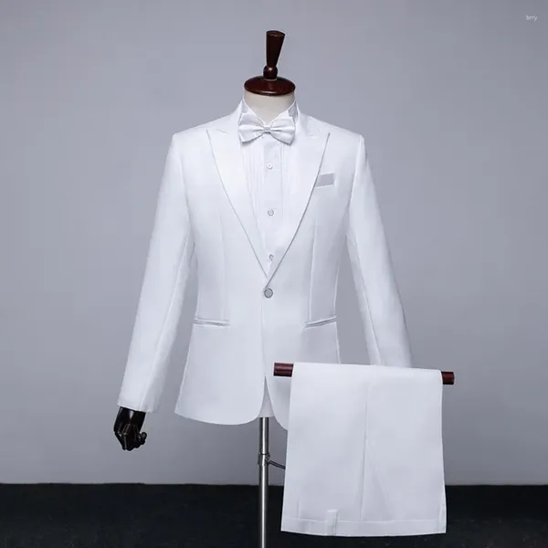 Ternos masculinos branco smoking noivo padrinho terno de negócios vestido de festa de casamento formal 2 peça conjunto jaquetas calças presente arco