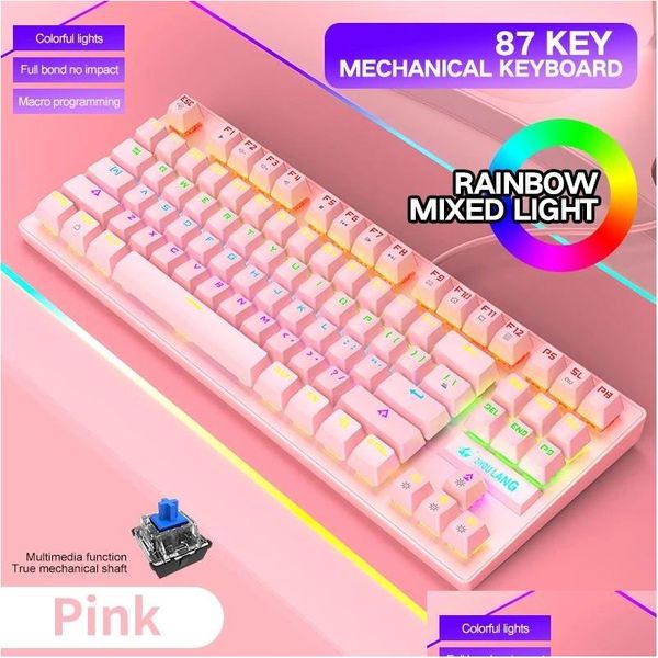 Klavyeler K2 Mekanik Klavye Gamer RGB Rainbow Arka Işığı Oyunları 87 Kez Yeşil Eksen Anahtarı USB Arayüzü PC Dizüstü Bilgisayarlar Dal Dönüşü Dhuj2