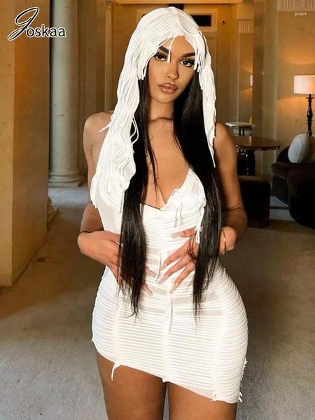 Vestidos casuais joskaa sexy borlas decoração vestido branco mulheres hipster com capuz baixo corte backless magro mini verão 2023 festa clubwear