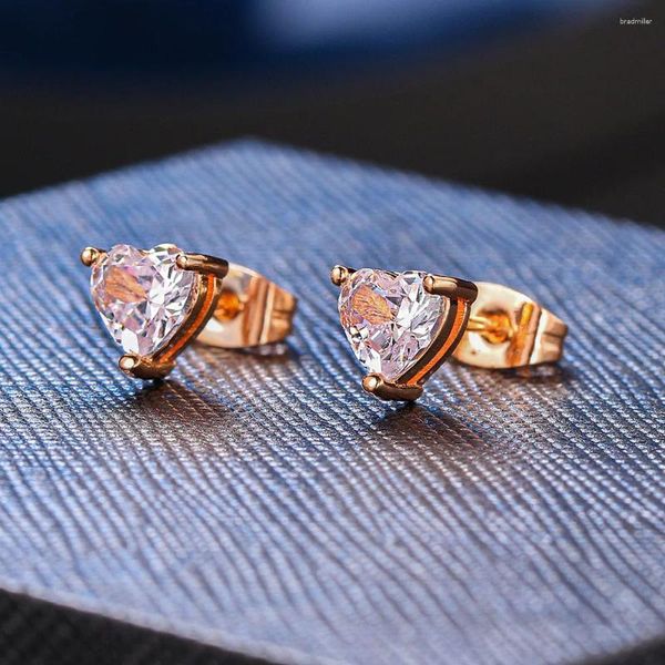 Orecchini a bottone Cuore d'amore per le donne Stile coreano Taglio principessa Zircone Colore oro rosa Accessori per orecchini Regalo di gioielli