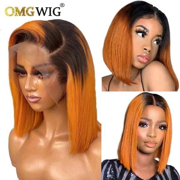 Spitze Perücken 13x6 Frontal Perücke Gerade Peruanisches Reines Menschenhaar Kurze Bob Perücken Für Schwarze Frauen Ombre Orange 4x4 Verschluss Perücke 250 Dichte 231207