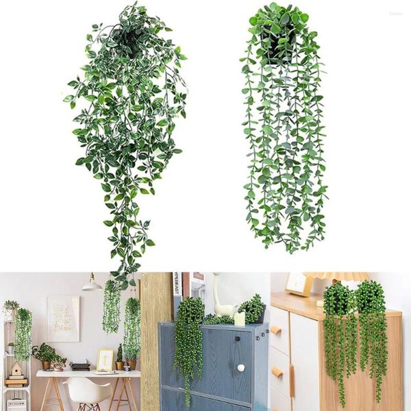 Flores decorativas 1 pc artificial eucalipto rattan pendurado planta em vaso verde mandala videira adequado para sala de parede casa interior prateleira decoração