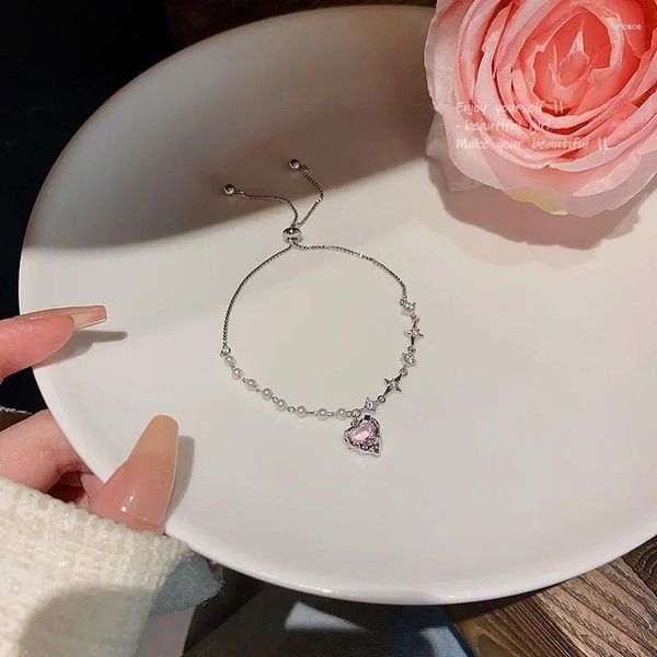 Link-Armbänder, süßes rosafarbenes Zirkon-Herz-Armband, Damen, fortschrittliches Design, Sinn für herausziehbare Perle, kleine und einzigartige Kunsthandwerk, Senior