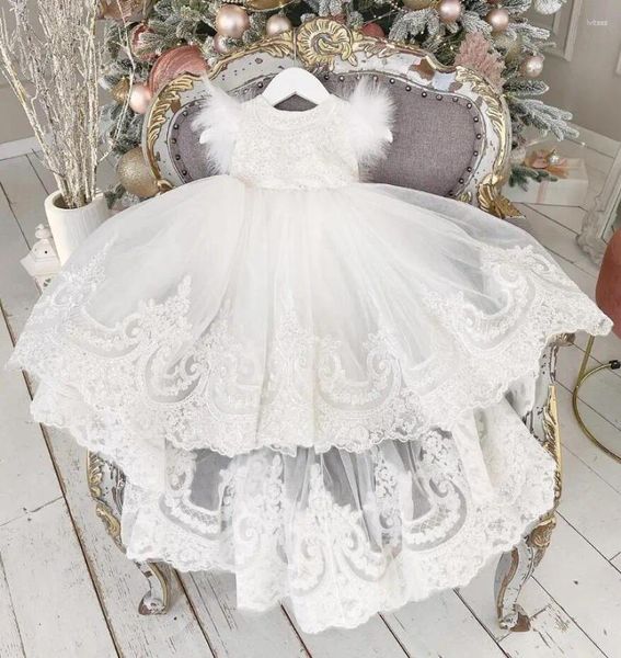 Mädchenkleider Weißes Tüll-Spitzen-Blumenkleid für die Hochzeit mit großer Schleife und langer Schleppe Baby-Prinzessin-Festzug-Ballkleid-Geburtstagsfeier