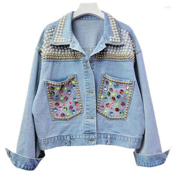 Damenjacken 2023 Frühling Herbst Jeansjacke Frauen Blauer Mantel Perle Nagelfarbe Diamant Langärmelig