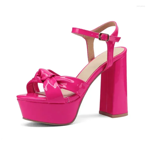 Сандалии из лакированной искусственной кожи розового цвета цвета фуксии с открытым носком и галстуком-бабочкой, пикантные женские вечерние свадебные туфли на каблуке, туфли на платформе и высоком каблуке