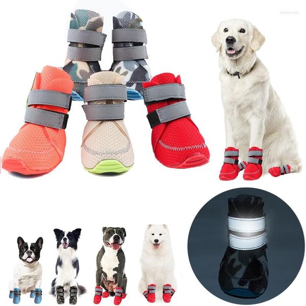 Vestuário para cães 4 pcs sapatos botas filhote de cachorro de verão com faixa reflexiva macia confortável antiderrapante sola de borracha respirável botas