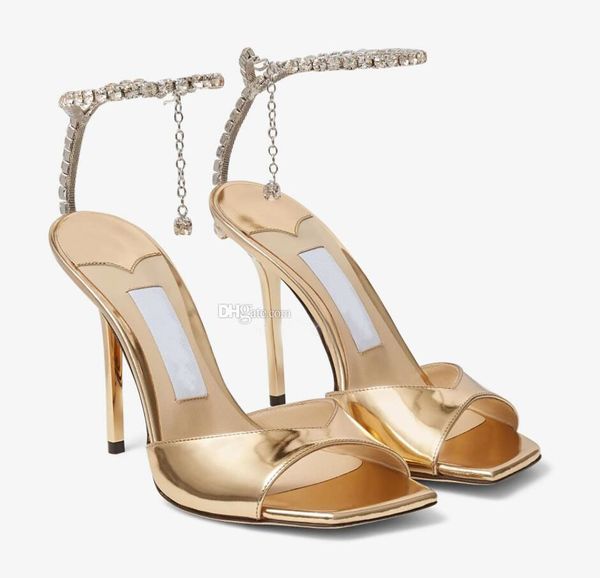 Neue Luxus-Damen-Sandale mit hohen Absätzen, J-C SAEDA SANDAL, 100 mm, Kristall-Eis-Weißgold-Partikel-Glitzer-Sandalen, eckige Zehenpartie, Strass-Knöchelriemen, Damen-Absatzschuh mit Box