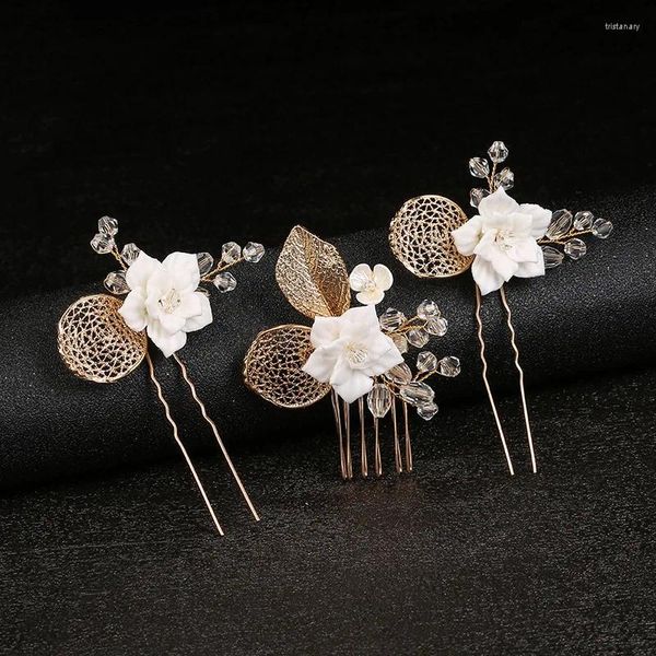Grampos de cabelo Cor Dourada Cerâmica Flor Conjunto de três peças Pente artesanal de casamento Haipin Acessórios femininos ornamentos