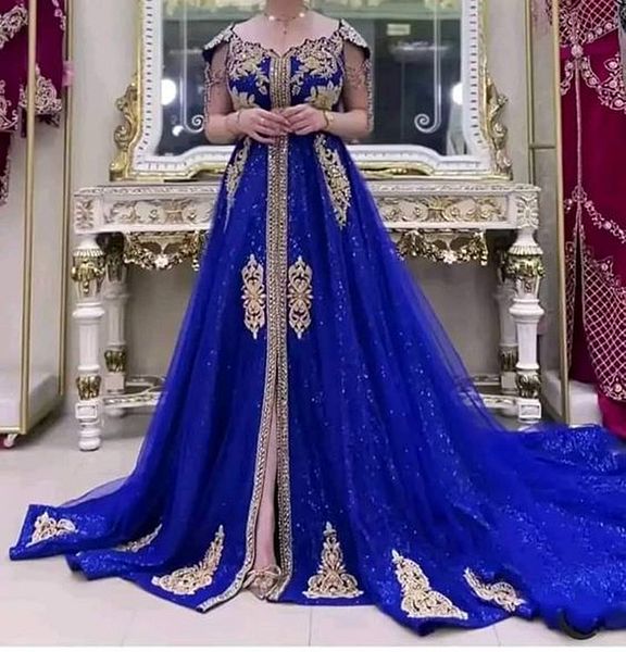 Abiti da sera caftano algerino glitterato blu royal con paillettes Una linea abito lungo formale per occasioni anteriori con scollo a V diviso arabo moderno abito da ballo di Dubai per le donne 2024