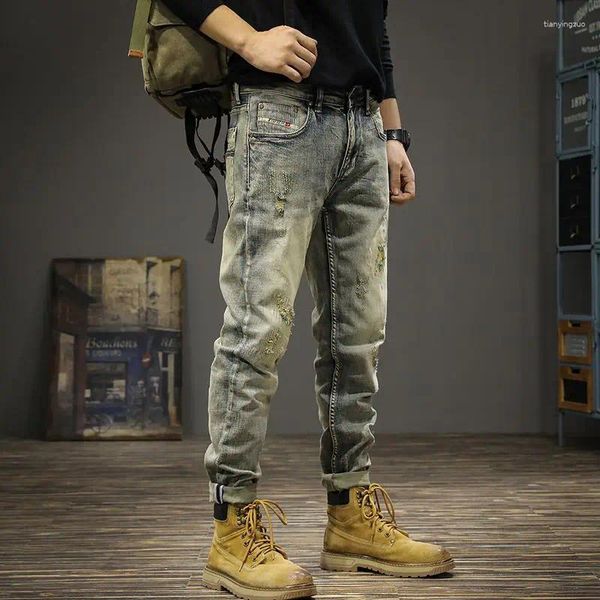 Pantaloni jeans da uomo dritti strappati pantaloni da cowboy da motociclista rotti con fori strappati Y2k vintage 2023 moda estetica larga