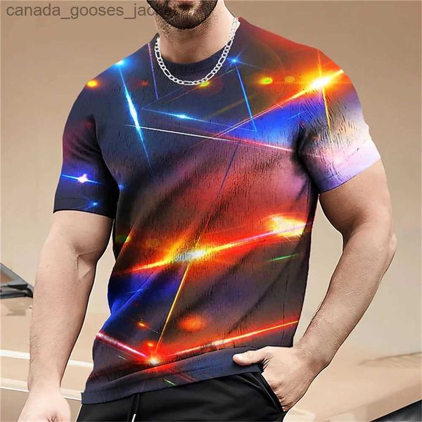 Herren-T-Shirts 2023 Laser Color Blocks Print T-Shirt für Männer Lässige O-Ausschnitt-Kurzschlitten-T-Shirts Trend Atmungsaktive Persönlichkeit Grafik-T-Shirts L231208