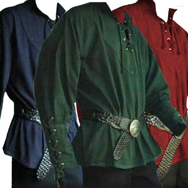 Herren-Freizeithemden, mittelalterliches Cosplay-Kostüm-Hemd (ohne Gürtel), Herren, einfarbig, lange Ärmel, Bandage, männlich, für Halloween, Party, Bühnenshow