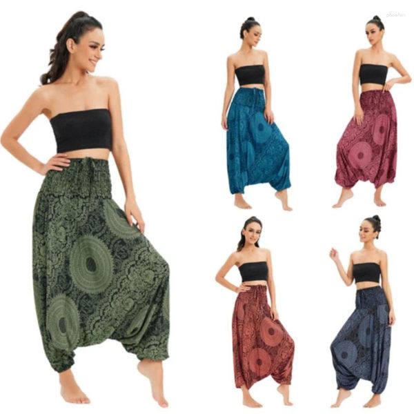 Calças femininas mulheres tailandesas hippie harem impressão boho verão algodão linho amantes baggy cintura elástica cintura nacional lanterna calças