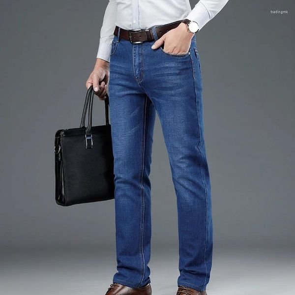Мужские джинсы из эластичного денима для делового отдыха, свободные прямые брендовые брюки с высокой талией, большие размеры