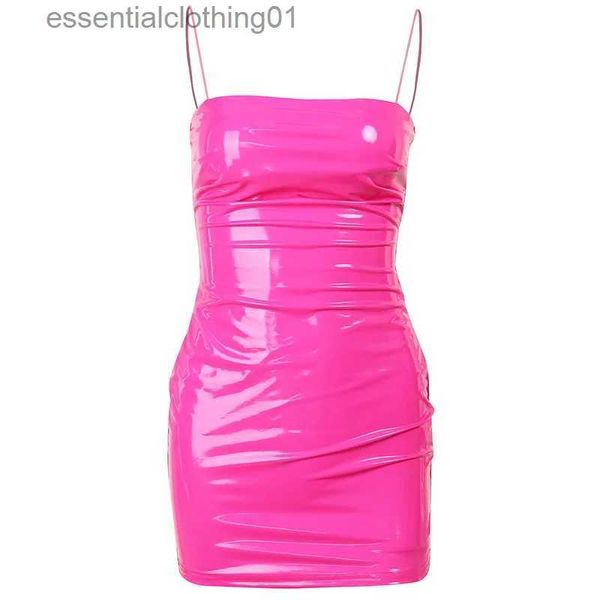 Vestidos sexy urbanos 2023 nova chegada sexy rosa pu vestido de couro feminino primavera verão sem alças espaguete cinta moda clube wear bodycon mini vestidos l231208