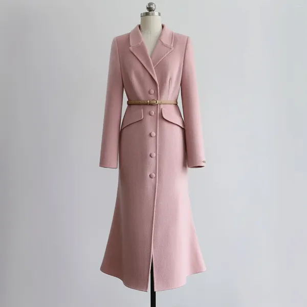 Повседневные платья 2023, зимнее корейское ведущая актриса драмы, элегантное длинное шерстяное двустороннее флисовое пальто «рыбий хвост», розовое