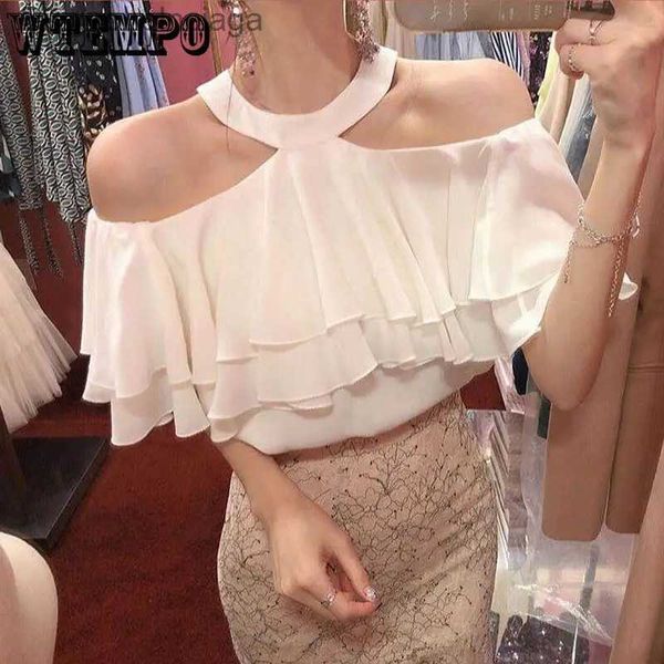 Dames T-shirt Halter Shirt Off-shoulder Sexy Chiffon Blouse Koreaanse Damesblouses Zomer Ruches Korte Sle Los Mode Zwart Y2K Crop TopsL231208