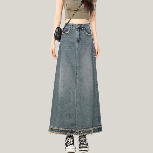 Saias mulheres denim saia com fenda frontal maxi longo azul verão elegante casual simples menina alta calça jeans