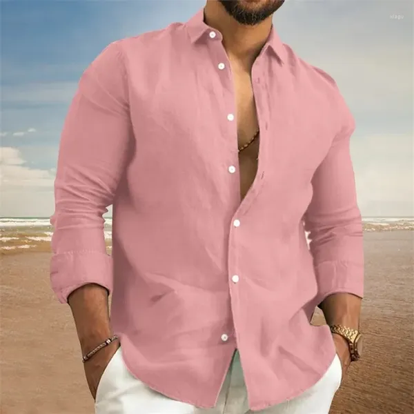 Мужские повседневные рубашки 2024, весенне-осенняя хлопково-льняная рубашка с длинными рукавами, деловая однотонная одежда с лацканами больших размеров