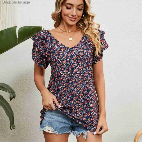 T-shirt da donna T-shirt da abbigliamento da donna Top floreale da donna Camicetta di chiffon carina T-shirt corta Farfalla Sle Nero Bianco Rosso Abiti per le donneL231208