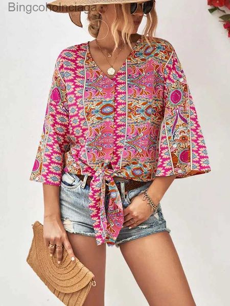 Camiseta feminina 2023 verão floral boho blusa feminina curto sle v pescoço impressão blusa senhoras blusa de flor solta para womenl231208