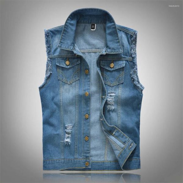 Jaquetas masculinas Botão Casacos Rasgado Colete e Jaqueta 2023 Casual Denim Coletes Homens Retro Sem Mangas Slim Fit Masculino Jeans Tank Top Plus Size