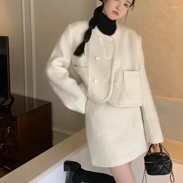 Giacche da donna LKSK Giacca autunnale in lana con gonna Tailleur manica lunga O-Collo Abbottonatura Outfit Crop Top Coat Moda donna Panno coreano