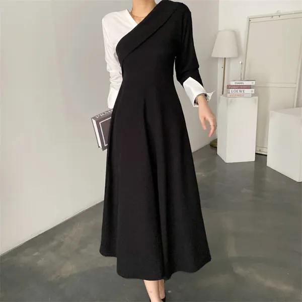 Casual Kleider Mode Patchwork A-linie Kleid 2023 Frauen Elegante Koreanische V-ausschnitt Langarm Party Büro Damen Einfache Robe q385