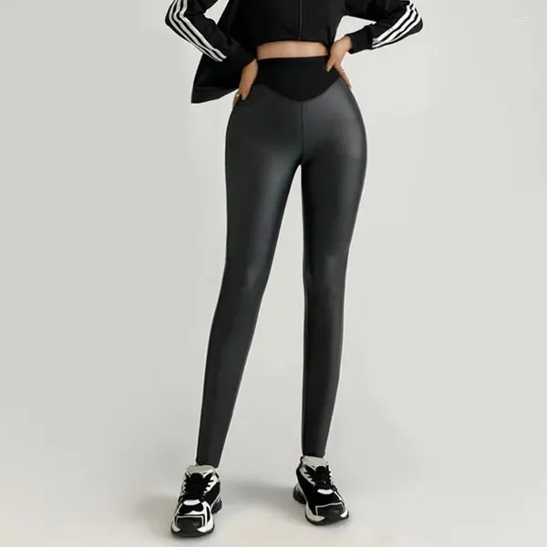 Damenhosen Frauen Leder Hohe Elastische Glänzende Leggings Hosen Herbst Winter Plüsch Futter Weibliche Bleistift Fuax Enge Sexy