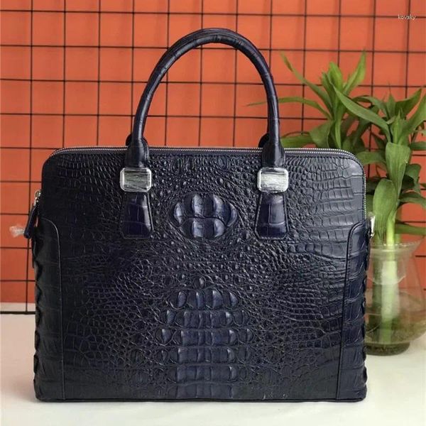 Pastas genuínas de couro de jacaré duplo fecho de zíper empresários grande maleta azul bolsa autêntica pele de crocodilo masculino bolsa bolsa