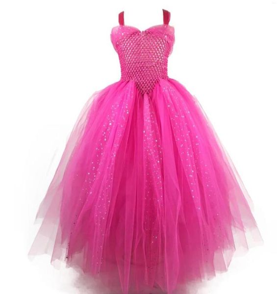 Платья для девочек Розовое блестящее тюлевое платье-пачка для девочек, детское вязанное крючком вечернее бальное платье на бретельках, детские праздничные банкетные костюмы Sparkle6983995